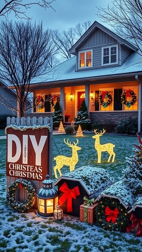 A festive outdoor Christmas yard with DIY decorations including illuminated reindeer and colorful signs.